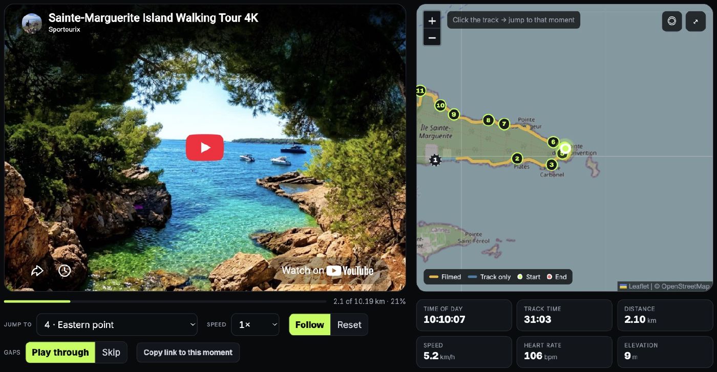 A route page: the video on the left, the map with the current position on the right, live readings underneath